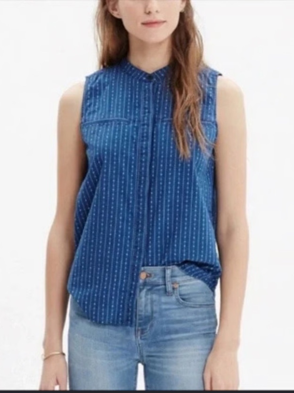 Madewell Sleeveless Chambray Denim Blue Button-up Top Shirt Mandarin Collar XS